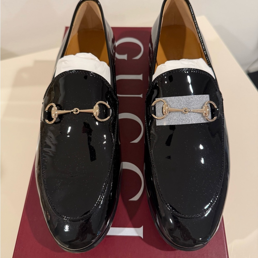 Gucci Black Patent Leather Loafers with Gold Hardware